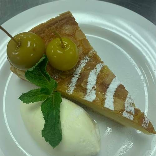 Apple frangipane tart, calvados cream & baby apple