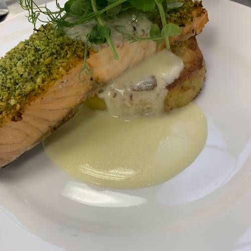 Herb crusted salmon, lemon butter sauce with homemade potato cake 