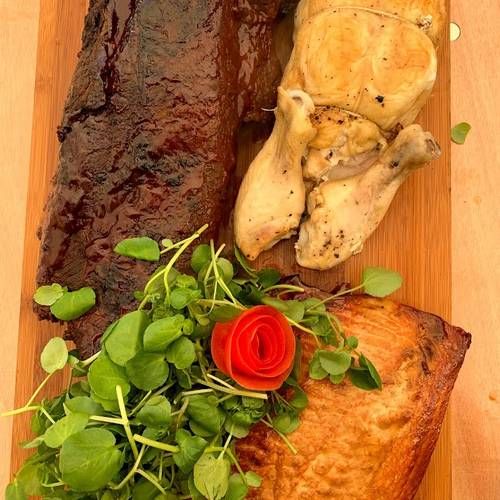 Beef brisket, Chicken ballotine & Sweet chili glazed salmon