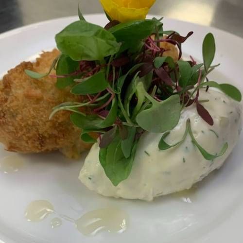 Salmon croquette served with micro green salad & a dill pickle tartare cream