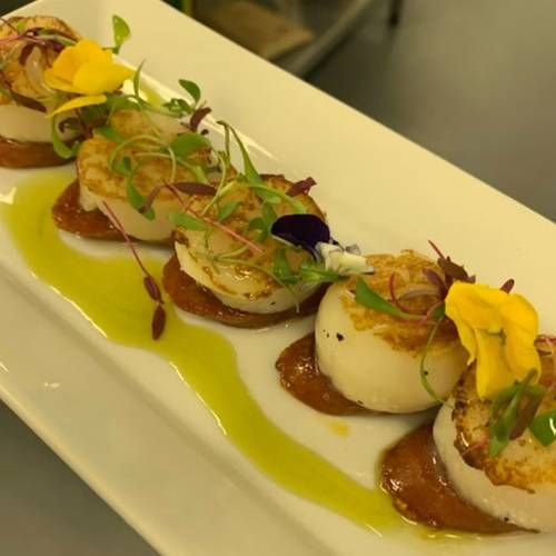 Pan fried scallops with chorizo & mixed micro leaves
