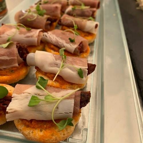  Crostini with red pepper and sundried tomato pesto finished with prosciutto ham